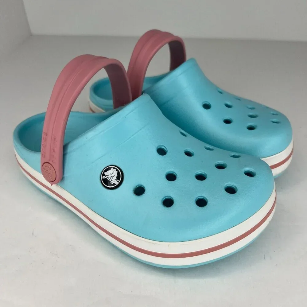 Crocs Unisex Ice Blue Pink Crocband Rubber Classic Solid Sandals Size 2 Clogs